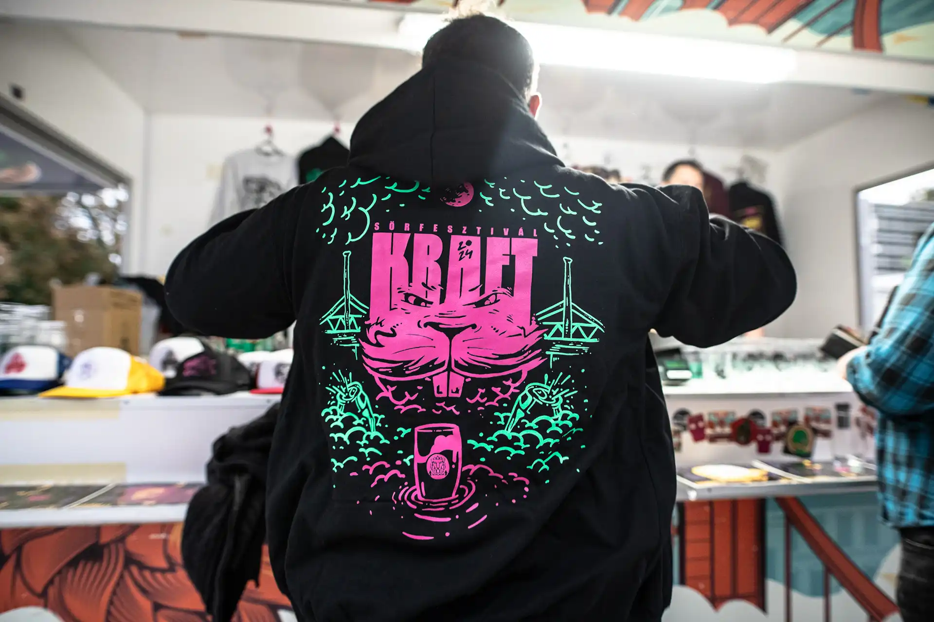 KRAFT beer festival hoodie with neon pink and green screen printed back design